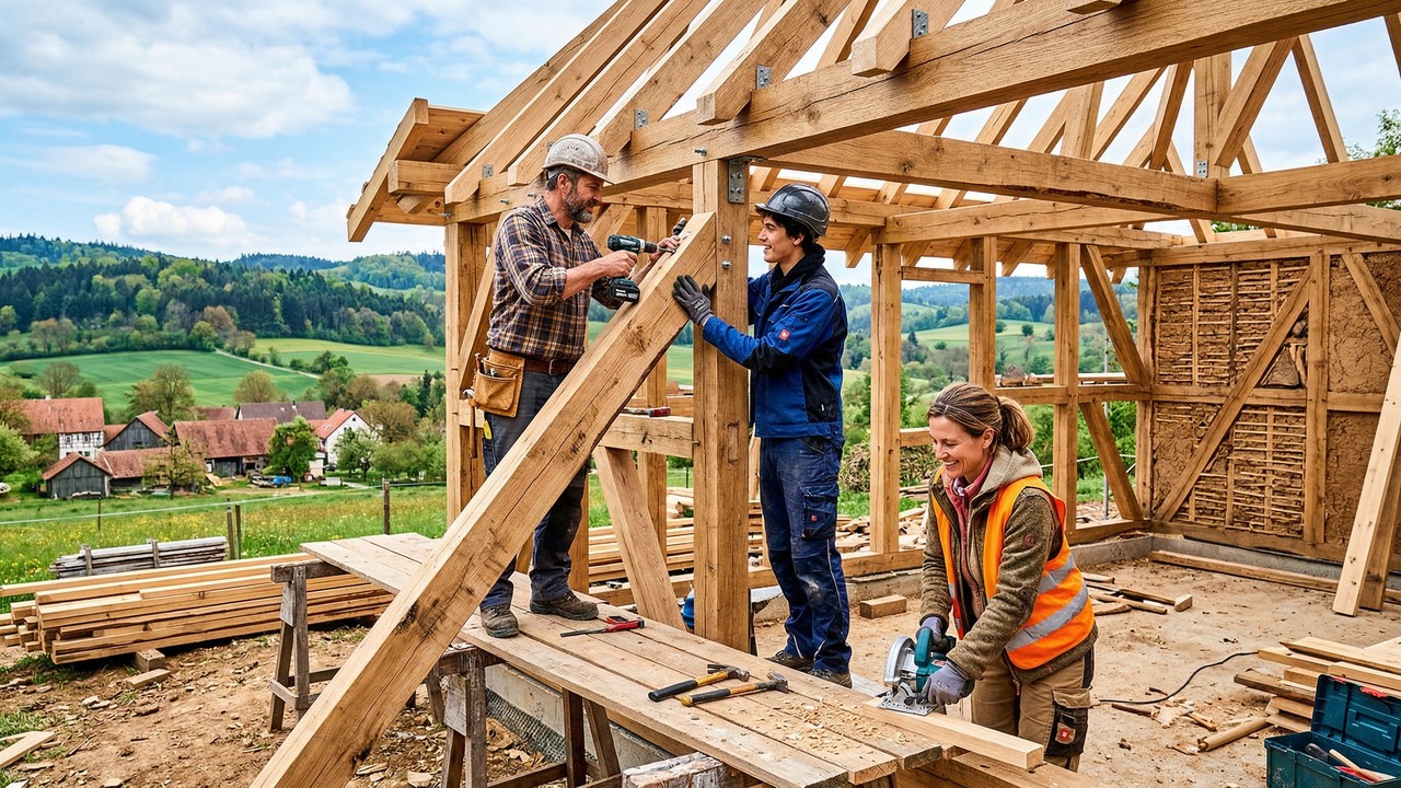 Família usa madeira estrutural e dobradiças metálicas para erguer uma casa no estilo alemão com as próprias mãos