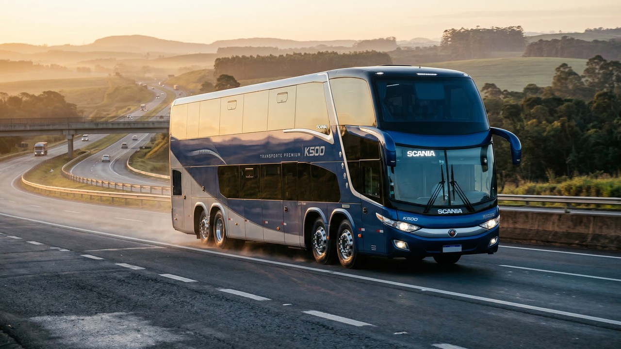 Com 15 metros de comprimento, o gigante ônibus Scania K500 de quatro eixos transporta 60 passageiros em dois andares e percorre 1.200 km com um tanque