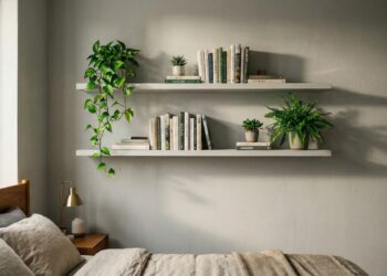 Pintar as prateleiras do quarto com a mesma cor da parede cria um efeito camuflado que esconde o peso dos objetos e amplia o espaço em 30%