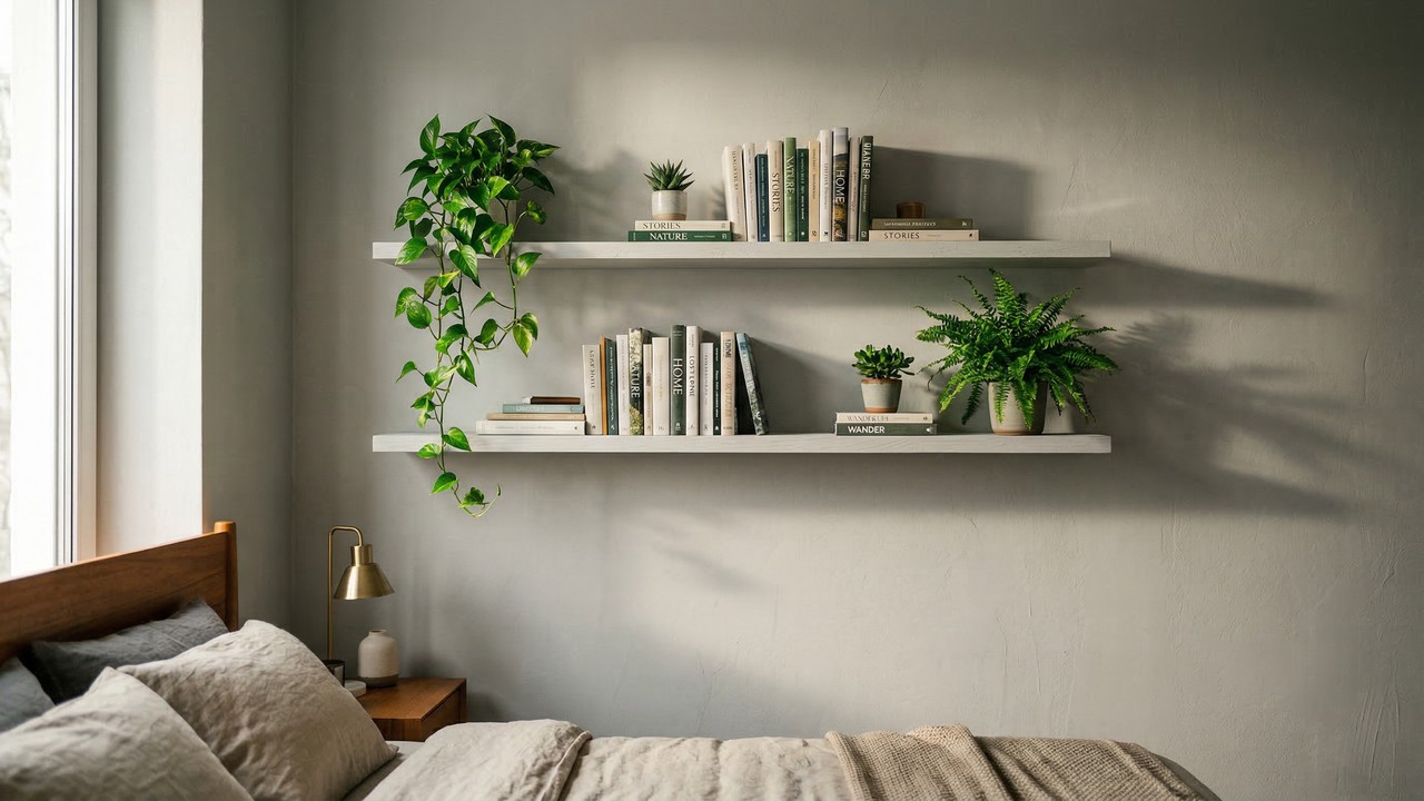 Pintar as prateleiras do quarto com a mesma cor da parede cria um efeito camuflado que esconde o peso dos objetos e amplia o espaço em 30%