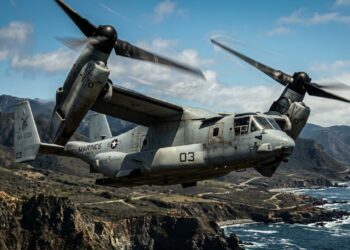 A aeronave militar híbrida que descola como um helicóptero, voa a 500 km/h como um avião e transporta 24 fuzileiros