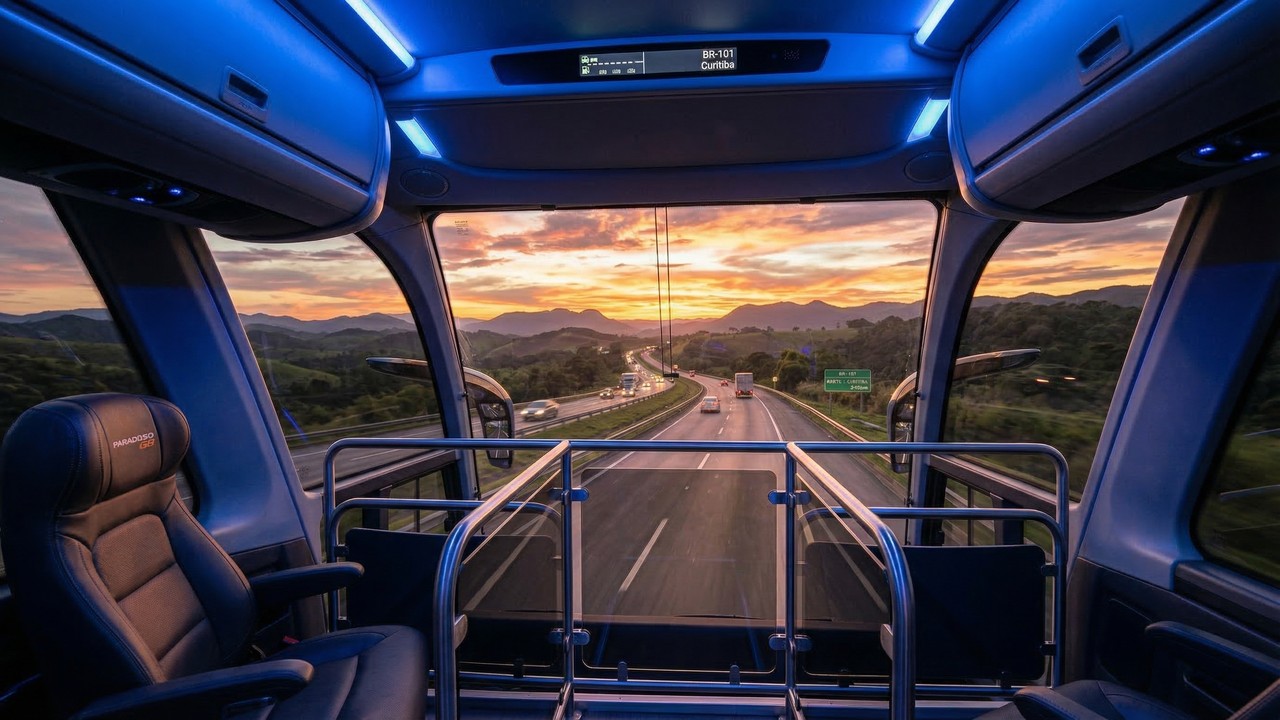O imponente Marcopolo Paradiso G8 1800 DD de 15 metros oferece poltronas de massagem para 60 passageiros e reduz o arrasto aerodinâmico em 11% nas rodovias