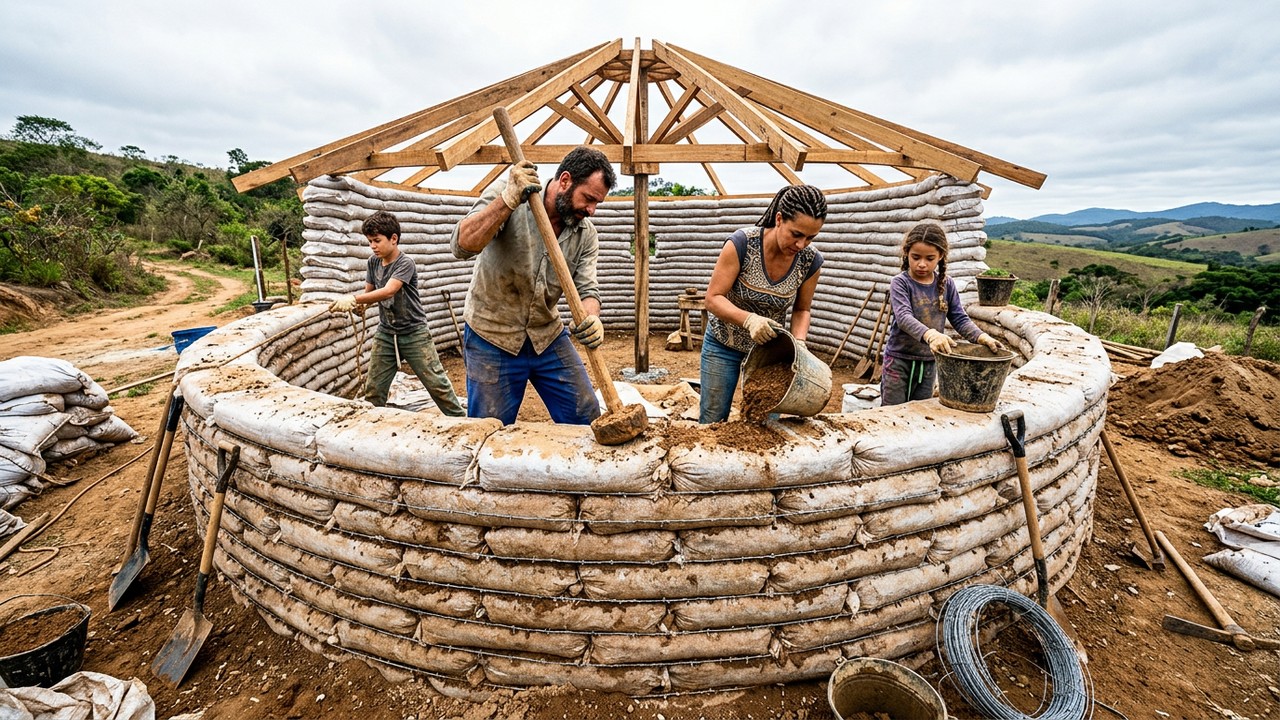Família constrói casa usando apenas com sacos de terra do próprio terreno e técnica que dispensa cimento tradicional