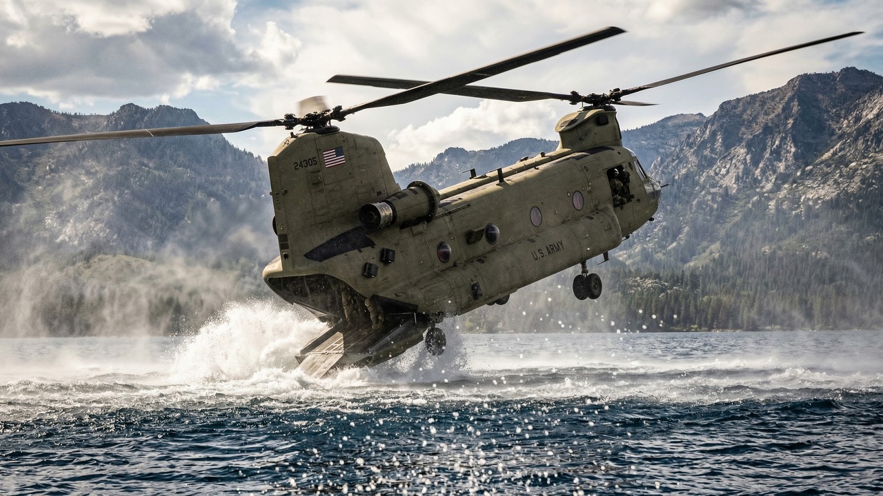 O helicóptero bizarro de 2 rotores que consegue pousar a parte traseira na água enquanto o resto flutua no ar