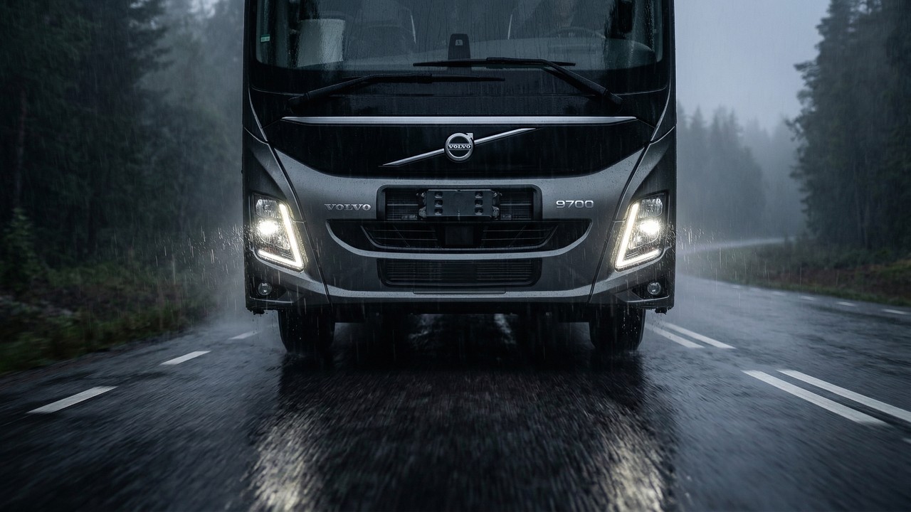 O avançado Volvo 9700 para viagens de turismo acomoda 55 passageiros e aciona freios de emergência automaticamente ao detectar veículos lentos ou pedestres na pista