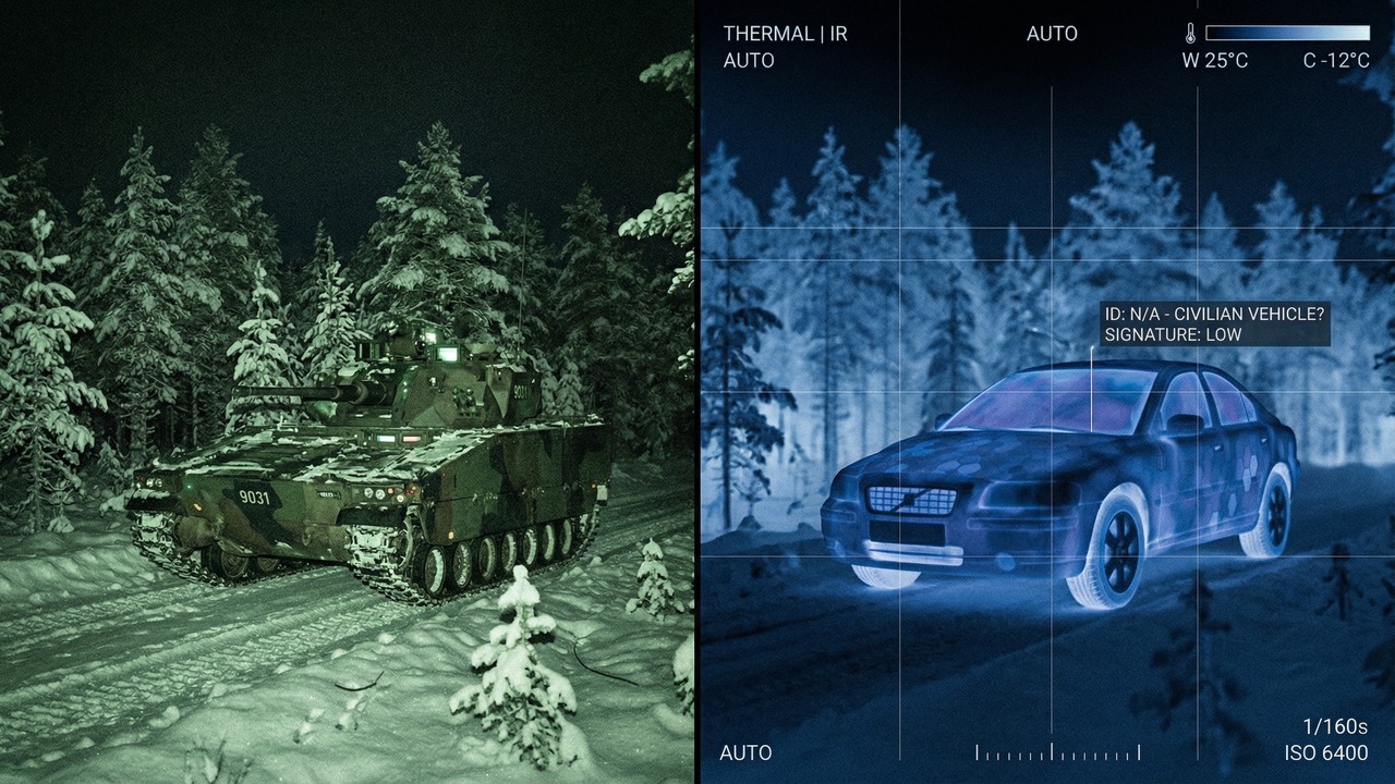 O veículo de infantaria sueco equipado com camuflagem térmica que o faz parecer 1 carro de passeio simples nos radares inimigos