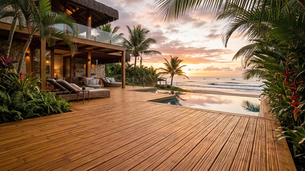 Esqueça o deck de madeira comum, o revestimento de bambu tratado é a nova febre das áreas externas, pois dura 20 anos e não exige manutenção