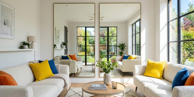 Instalar 2 espelhos verticais na parede oposta à janela aumenta a iluminação natural da sala em até 40 por cento e cria um ambiente visualmente gigante