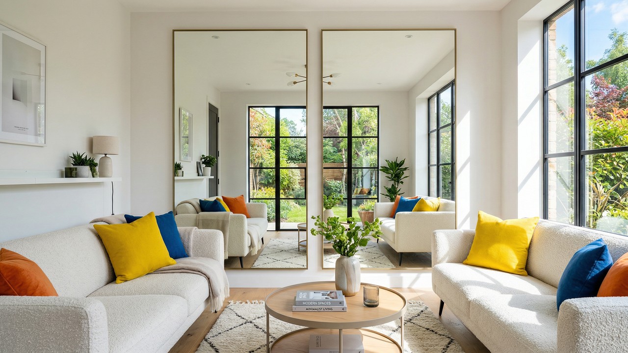 Instalar 2 espelhos verticais na parede oposta à janela aumenta a iluminação natural da sala em até 40 por cento e cria um ambiente visualmente gigante