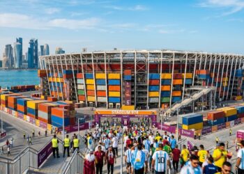Construído com 974 contêineres e capacidade para 40 mil pessoas, o estádio no Catar, de 2021, foi a primeira arena desmontável da história