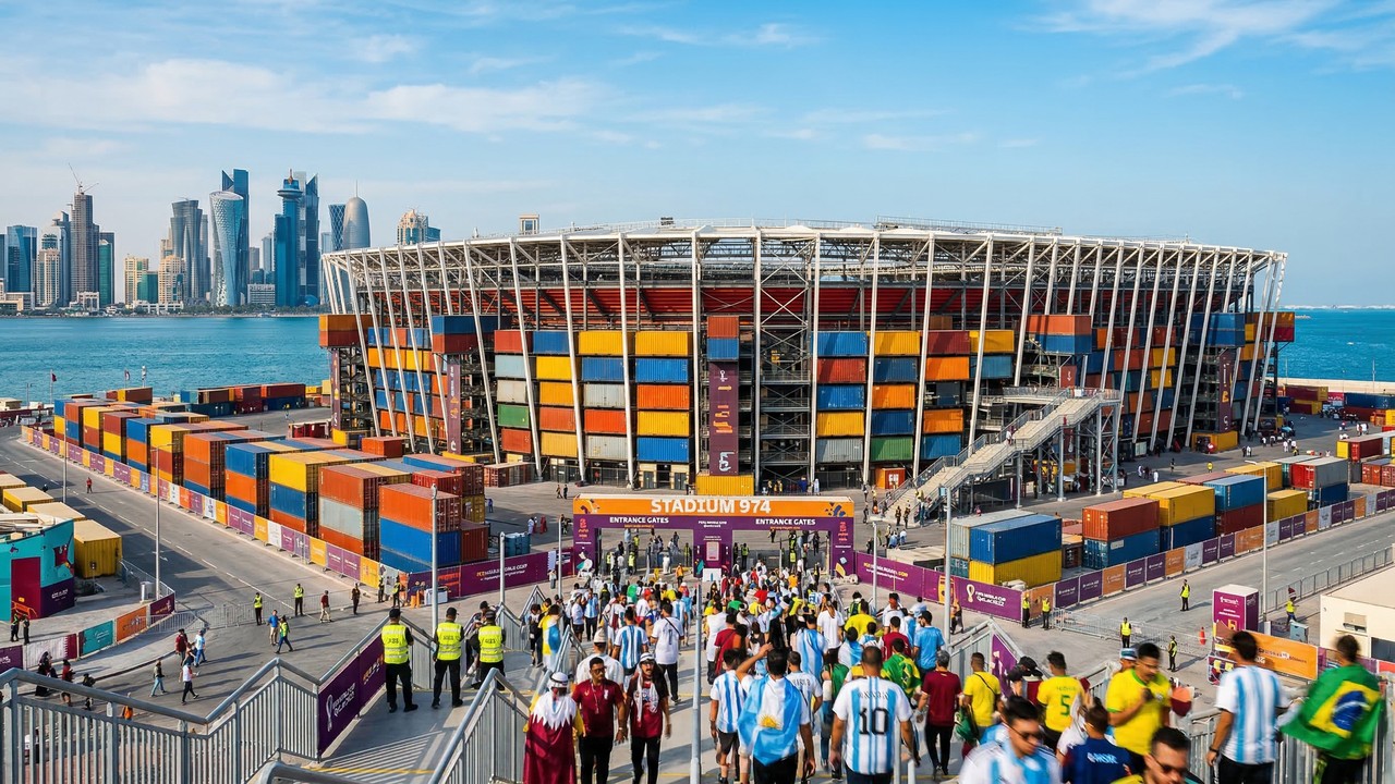 Construído com 974 contêineres e capacidade para 40 mil pessoas, o estádio no Catar, de 2021, foi a primeira arena desmontável da história