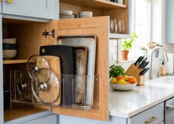 O truque de R$ 15 com organizadores de escritório dentro do armário da cozinha libera até 40% mais espaço e acaba de vez com a bagunça das tampas de panela