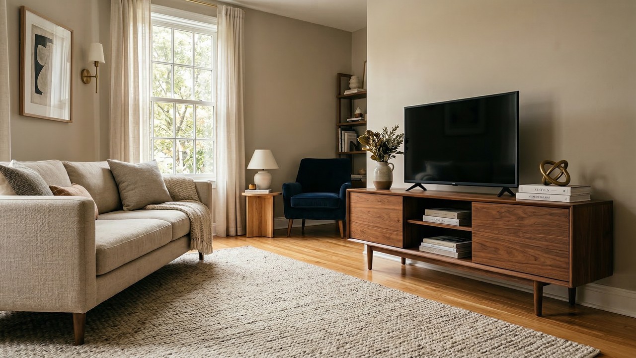 Deixar exatos 20 centímetros de piso descoberto entre o tapete da sala e o rack da TV altera o foco visual e faz o ambiente parecer até 25% mais largo