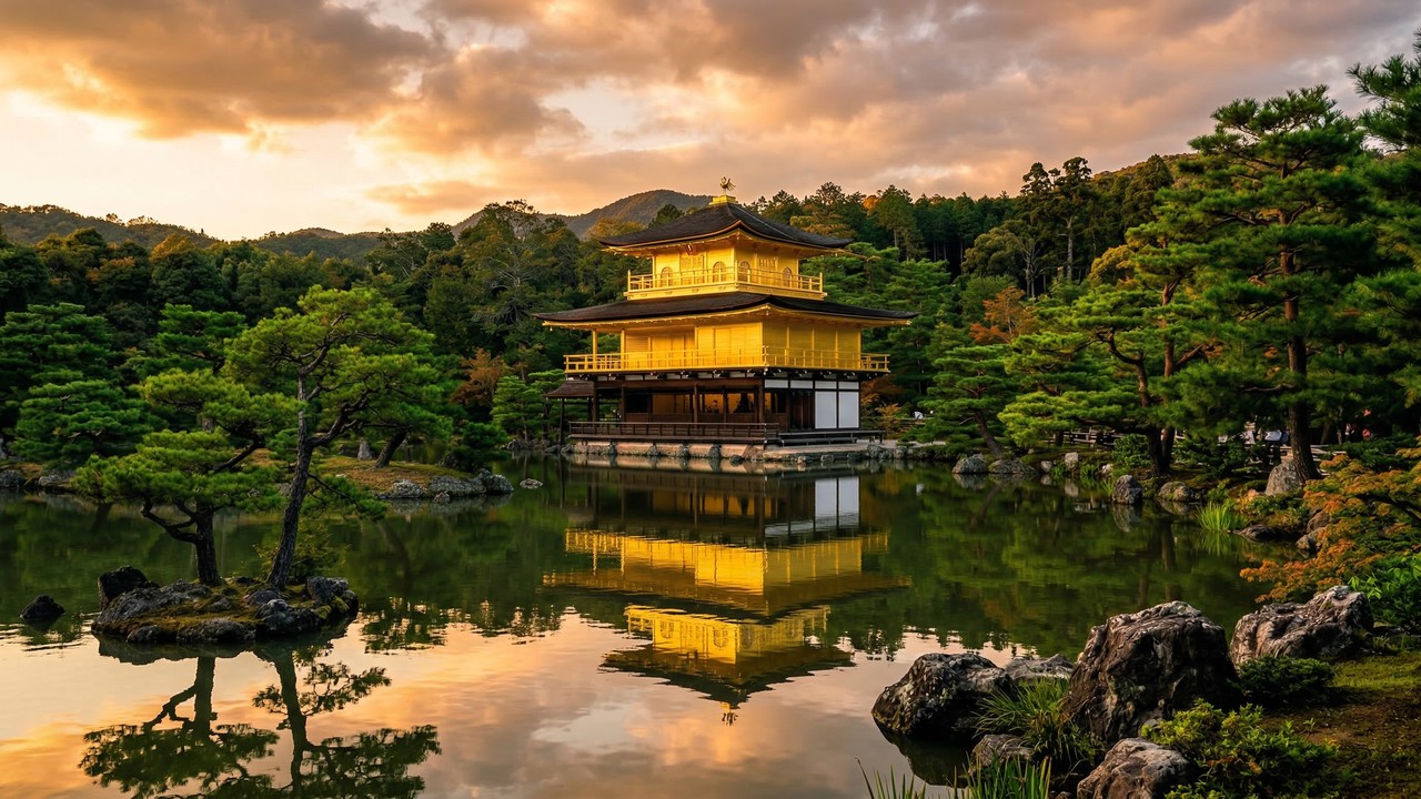 Com seus dois andares cobertos por folhas de ouro puro, o pavilhão de 1397 tornou-se o templo mais belo de Quioto e um ícone da história do Japão