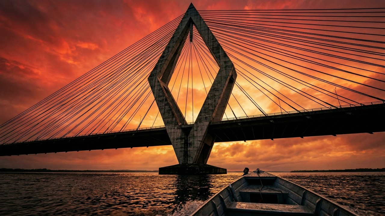 Com 3.595 metros de extensão e mastro central de 185 metros, a ponte estaiada de 2011 tornou-se o maior marco da engenharia no coração da Amazônia