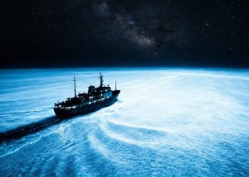 O mar brilhante do tamanho de um país que emite luz azulada suficiente para ser visto do espaço