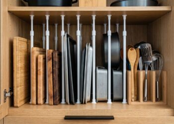 Instalar 4 varões de pressão na vertical dentro dos armários da cozinha cria divisórias perfeitas que multiplicam o seu espaço de armazenamento interno em mais de 40%