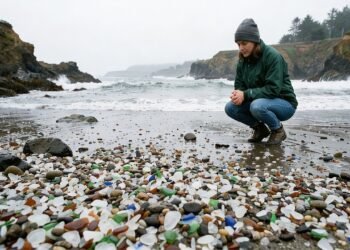 Oceano transforma descarte de resíduos em praia de pedras de vidro