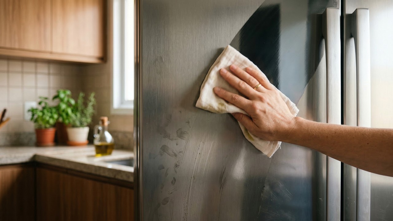 Esfregar apenas três gotas de azeite na geladeira de inox remove marcas de mão na hora e cria uma película protetora que dura mais de 15 dias
