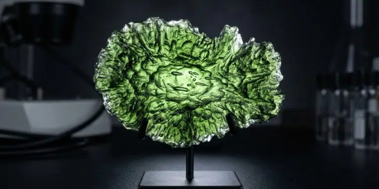 Esqueça o cristal comum, pois este vidro verde nasceu de um impacto de meteoro há 15 milhões de anos, sendo a joia vinda do espaço