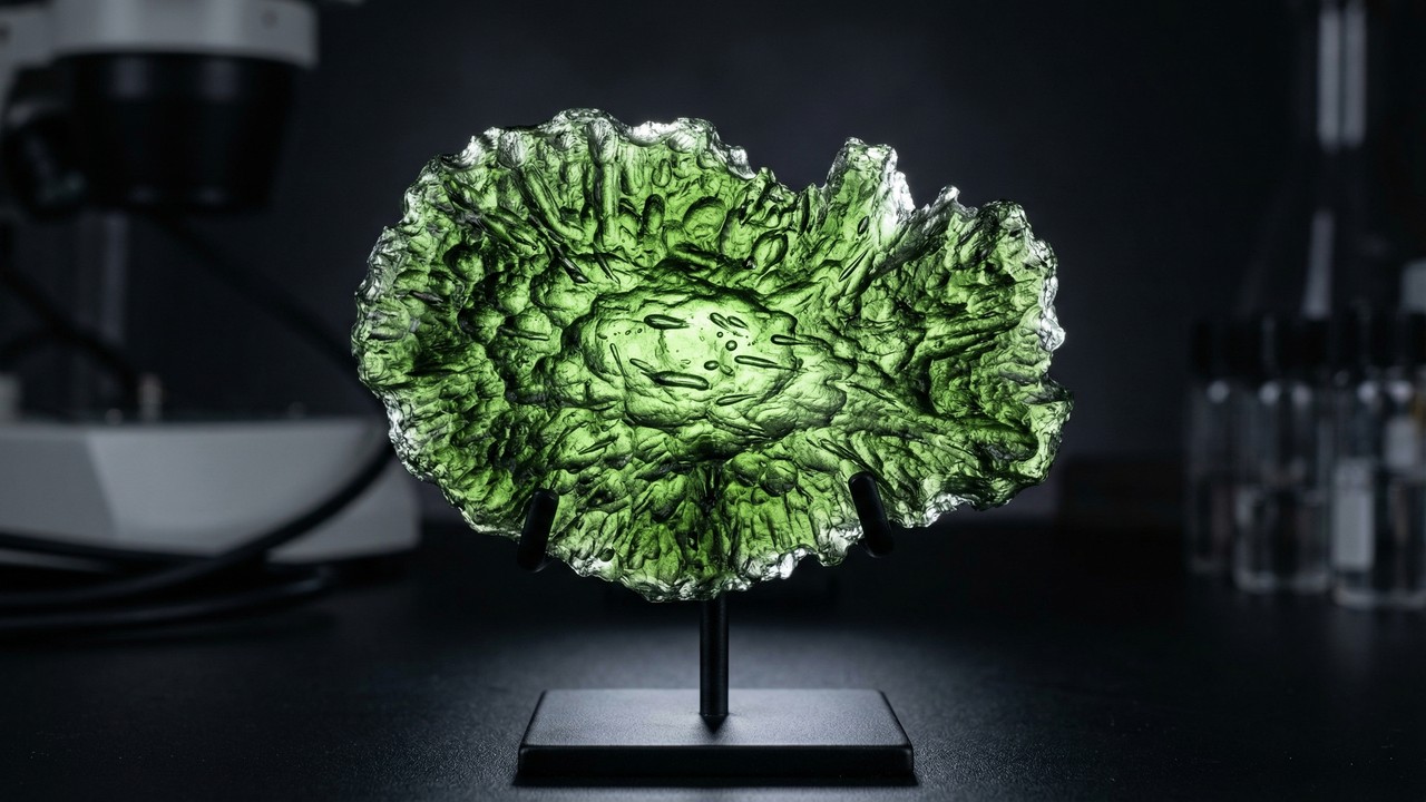 Esqueça o cristal comum, pois este vidro verde nasceu de um impacto de meteoro há 15 milhões de anos, sendo a joia vinda do espaço