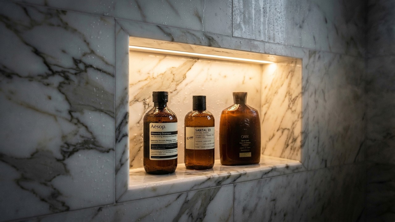 Esqueça os suportes de plástico, os nichos esculpidos no próprio revestimento do box otimizam o espaço e trazem sofisticação ao banho