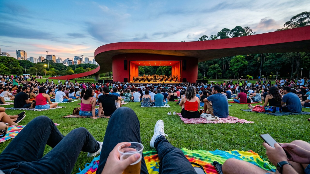 Com sua marquise vermelha de 2005 e projetado por Oscar Niemeyer, o auditório de 7 mil metros quadrados tornou-se o ícone da música e da arquitetura de São Paulo