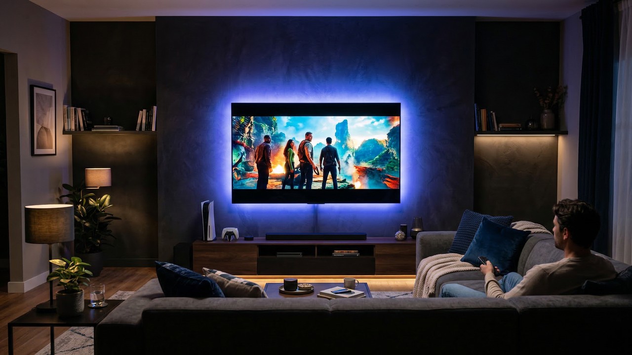 Colocar 1 fita de LED de R$ 30 escondida atrás da sua televisão cria uma iluminação indireta que reduz a fadiga ocular em 50% e deixa a sala com um visual de cinema