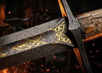 Com aço damasco em mosaico e detalhes em ouro 24k, a fabricação da espada de US$ 65 mil exige semanas de forja e o uso de marfim de mamute real
