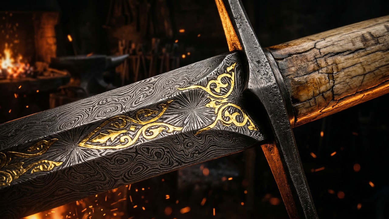 Com aço damasco em mosaico e detalhes em ouro 24k, a fabricação da espada de US$ 65 mil exige semanas de forja e o uso de marfim de mamute real