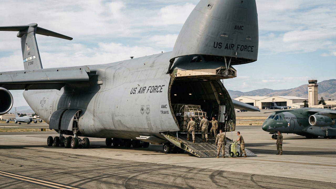 Com capacidade para 127 toneladas e trem de pouso de 28 pneus, o cargueiro C-5 Galaxy consegue dar marcha à ré sozinho e se ajoelhar para carregar