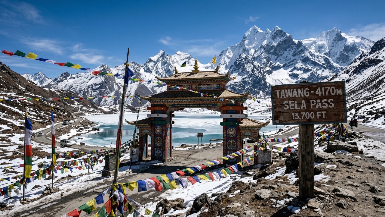 A rodovia indiana cruza os picos a 4.170 metros de altitude; com seus lagos sagrados, a Sela Pass é o portal vital para a região remota de Tawang
