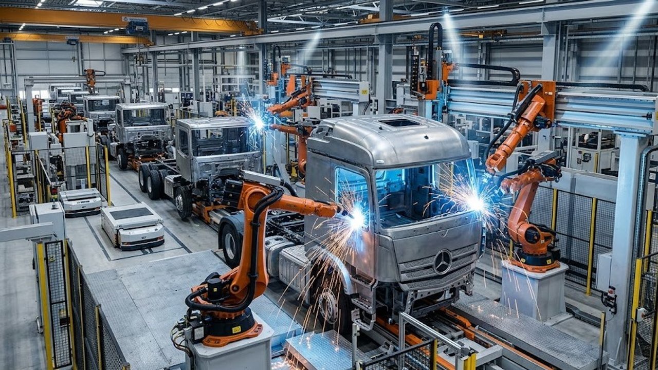 Com chassis modulares e cabines de aço soldadas por robôs, a linha de montagem fabrica caminhões pesados em diversas configurações de tração e carga