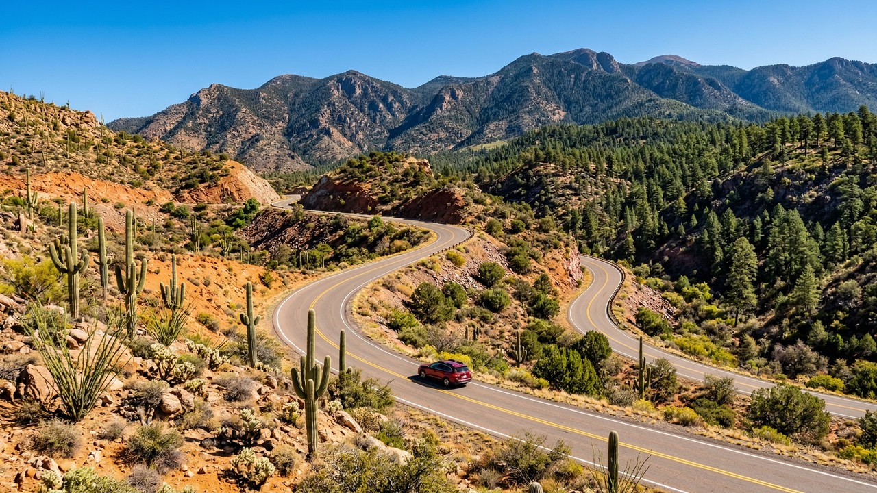 Rodovia no Arizona ganha fama por seus ecossistemas, pois sobe 1.800 metros em 43 km, transformando o deserto em uma floresta de pinheiros