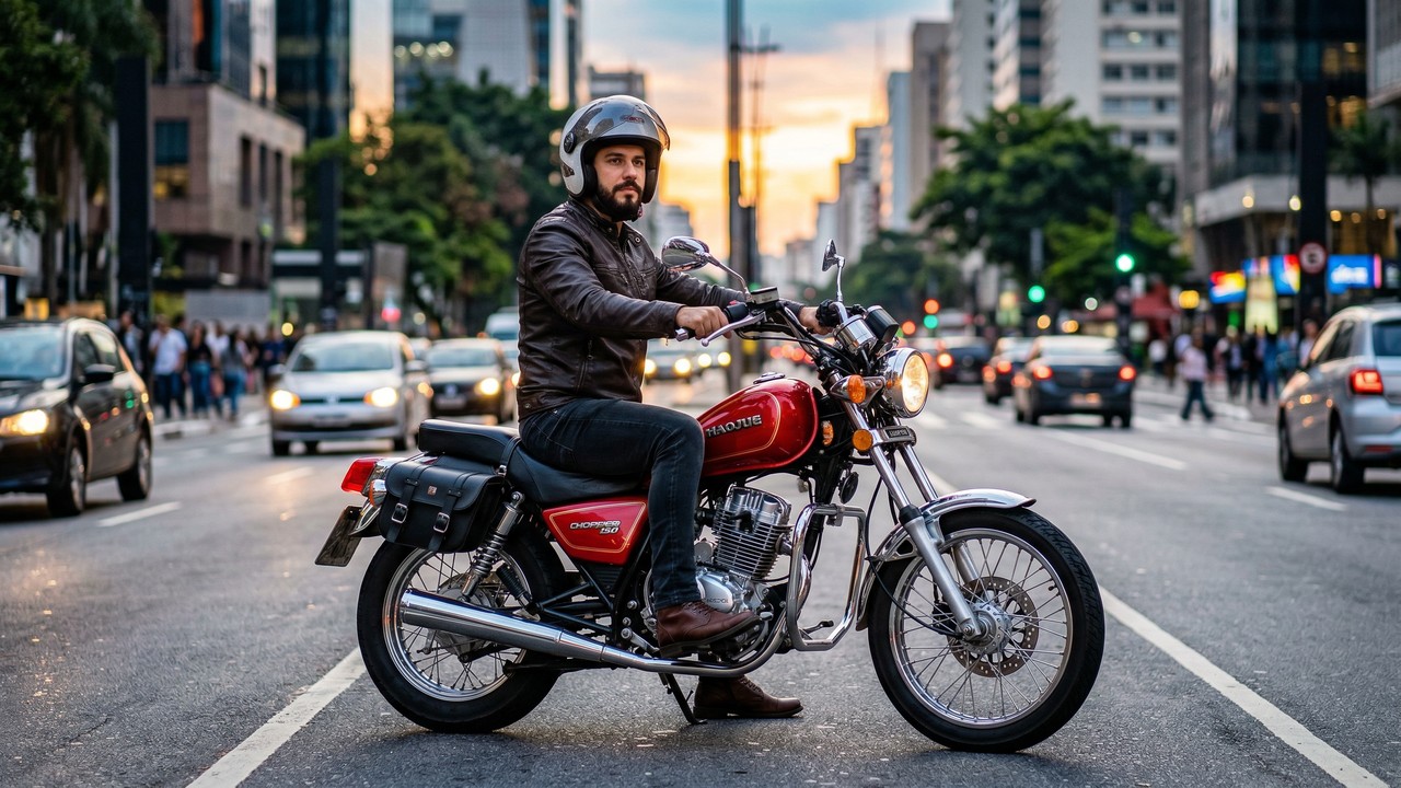 Unindo o visual das motos custom clássicas com um consumo de 43 km por litro, a Haojue Chopper Road 150 custa R$ 14 mil reais e atrai quem busca estilo próprio sem gastar muito na manutenção