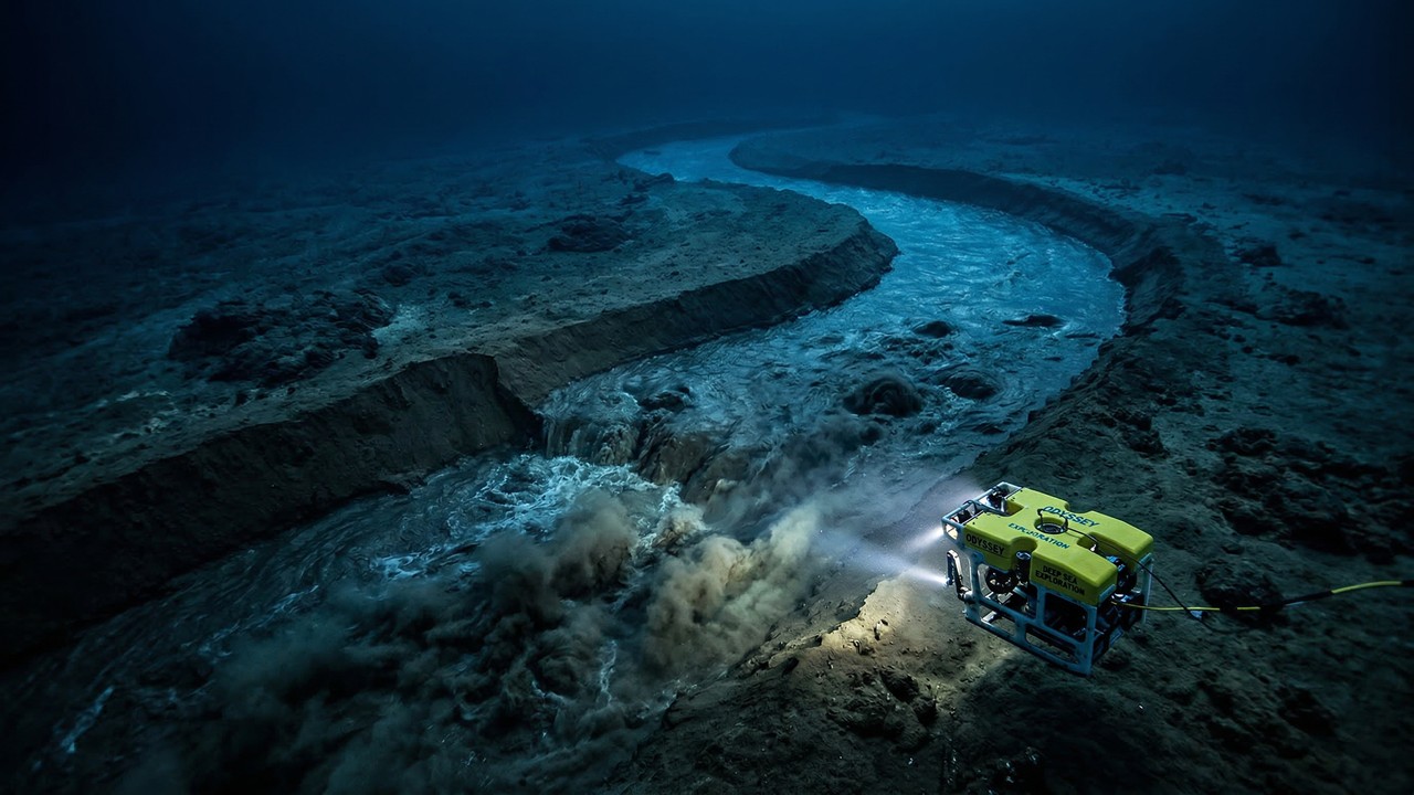 O rio secreto que flui no fundo do mar com as suas próprias margens correntes e até cascatas submersas