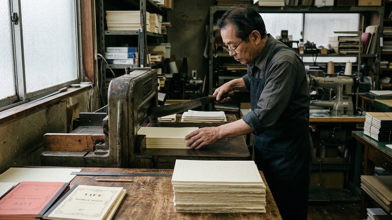 Com o uso de máquinas raras descontinuadas e a costura intuitiva do mestre Yamada, é assim que o Japão fabrica o icônico caderno LIFE Noble