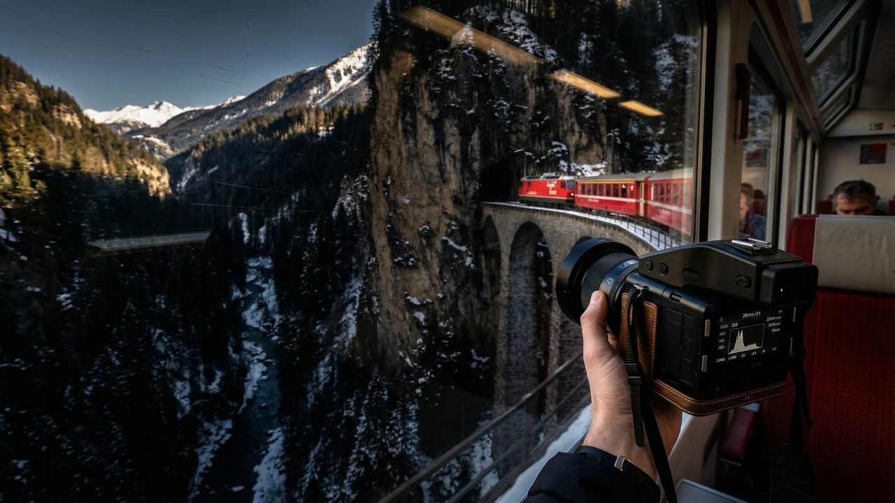 Esse trem cruza uma ponte curva no alto dos Alpes e some dentro de uma montanha logo em seguida