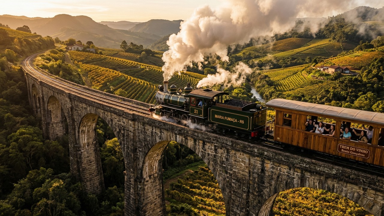 O famoso trem de 23 quilômetros que cruza 3 cidades na serra gaúcha oferecendo degustação de vinhos e festa dentro dos vagões