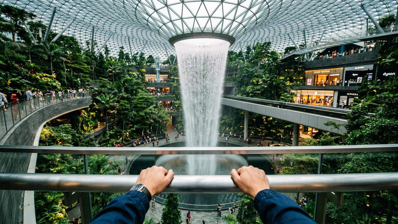Eles investiram US$ 1,3 bilhão para erguer uma cúpula de 3,5 mil toneladas com uma cachoeira de 40 metros no coração do aeroporto de Singapura