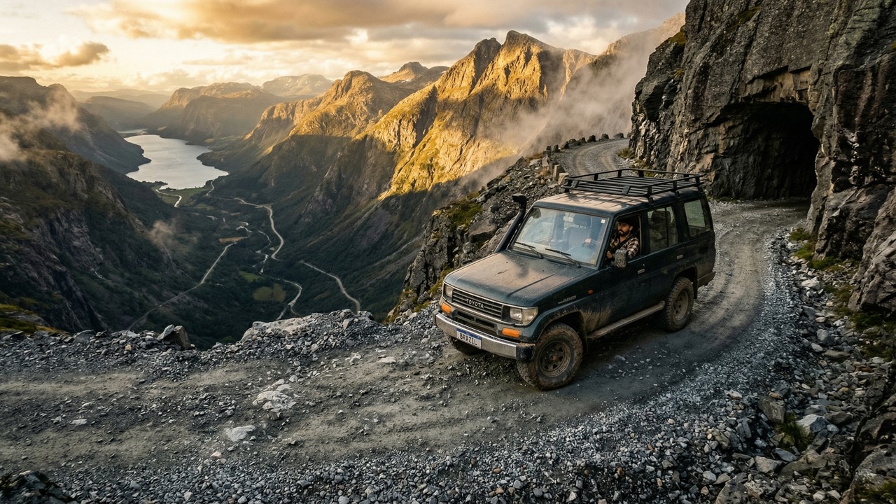 Estrada na Noruega ganha fama por seu cascalho, pois o trajeto de 100 km cruza abismos e túneis em zigue-zague a 947 metros de altitude nos fiordes