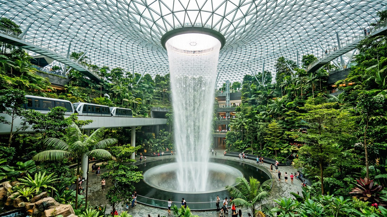 O aeroporto que parece uma cidade do futuro: possui a maior cachoeira interna do mundo, floresta tropical e cinema grátis para os passageiros