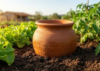 O sistema de irrigação com potes de barro utiliza recipientes de argila porosa enterrados estrategicamente para fornecer umidade constante diretamente ao solo