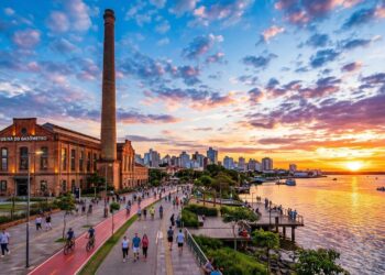 Com sua chaminé de 117 metros e arquitetura industrial de 1928, a antiga usina tornou-se o maior centro cultural e o símbolo do pôr do sol gaúcho