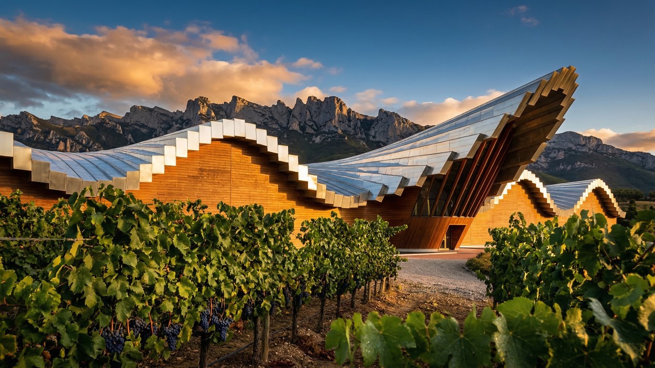 Com seu telhado ondulado de alumínio e cedro de 2001, a estrutura de Santiago Calatrava virou a maior obra de arte vinícola de toda a Espanha