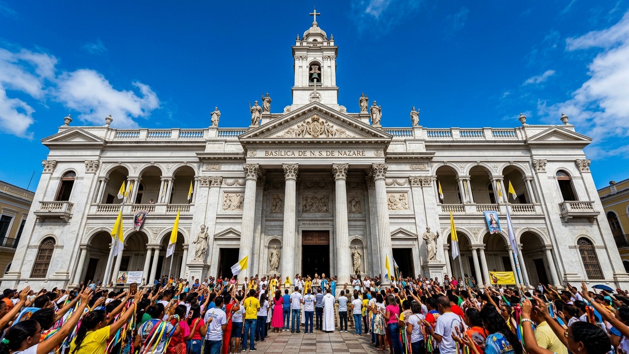 Com sua estrutura de 62 metros de comprimento e 36 colunas de mármore italiano, a Basílica de Nazaré, de 1909, é o centro do Círio em Belém