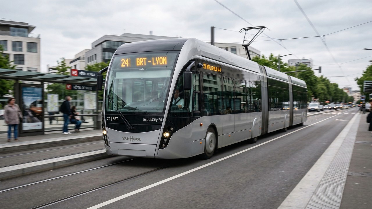 Com design de trem bala o inovador Van Hool Exqui.City de 24 metros transporta 180 passageiros em sistemas BRT europeus e combina motor elétrico com recarga rápida