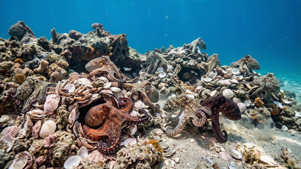Nas profundezas do oceano, cientistas descobriram uma cidade construída por polvos que desafia a ideia de que eles são seres solitários