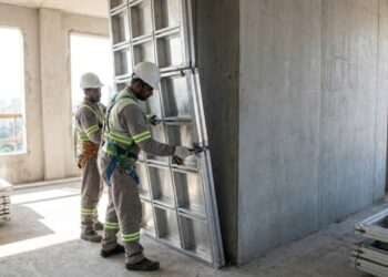 O controle de prumo e nível é feito na montagem das formas, e a concretagem só ocorre depois da conferência