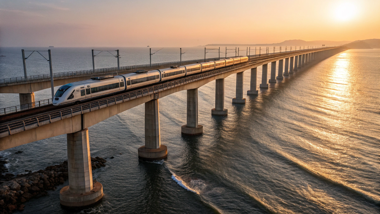 A China construiu uma ferrovia sobre o oceano que suporta trens a 250 km por hora, resiste a tufões e terremotos